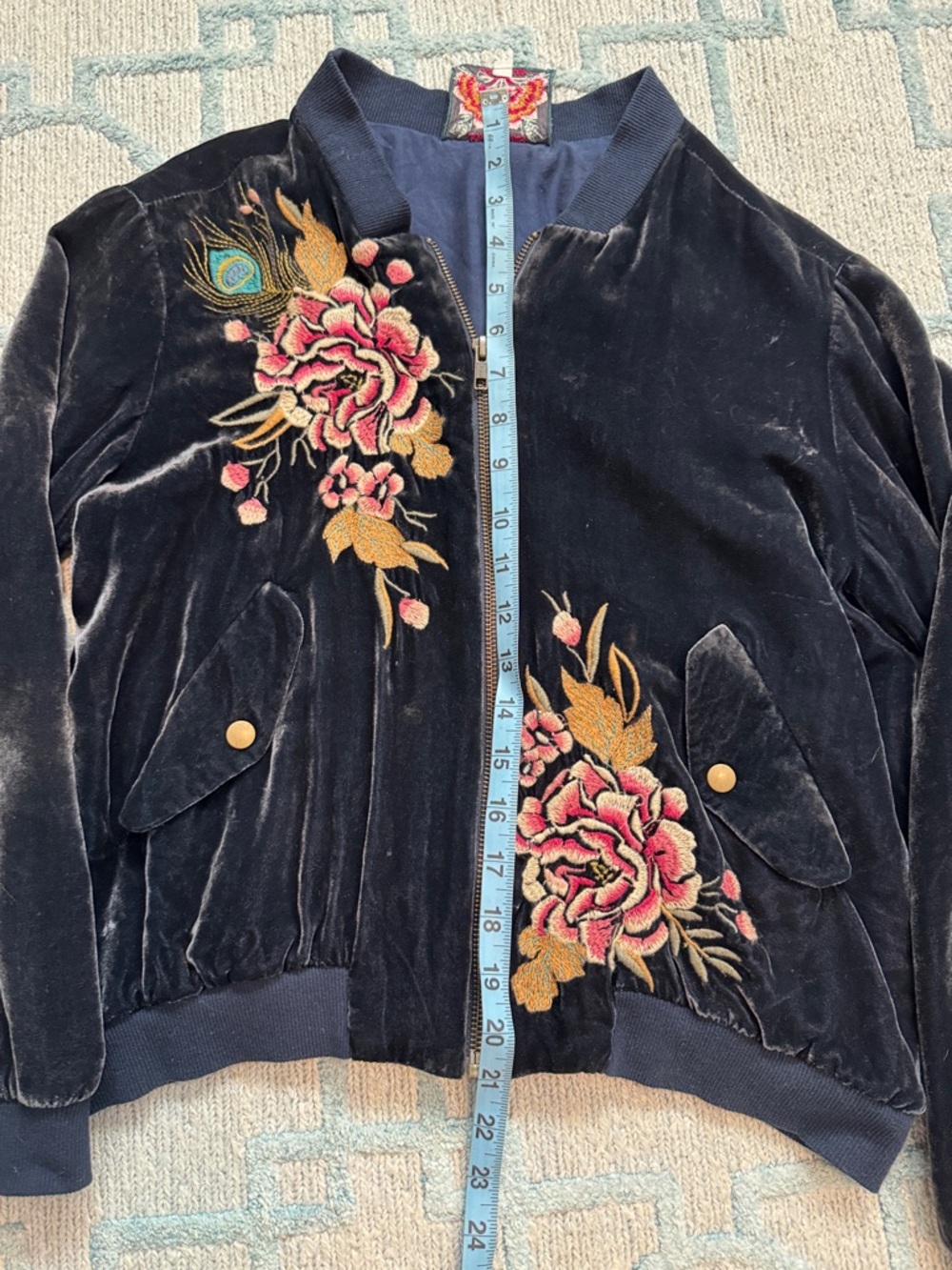 Johnny Was velvet Navy Jacket with Fuchsia & Yellow Embroidered Floral Patch - Picture 7 of 8